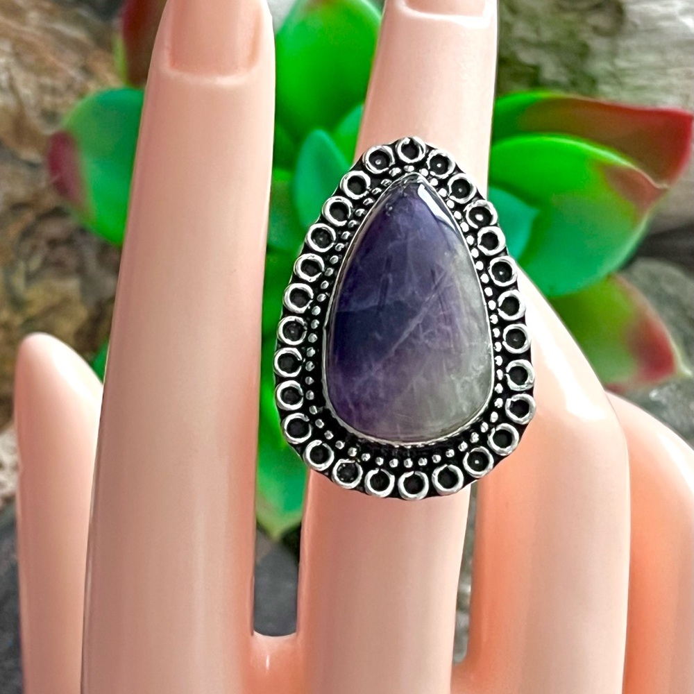 Teardrop Natural Chevron Amethyst Sterling Silver Ring Sz 6